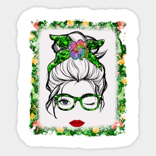 Leopard Messy Bun Shamrock St Patrick's Day Wink Eye Girl Sticker